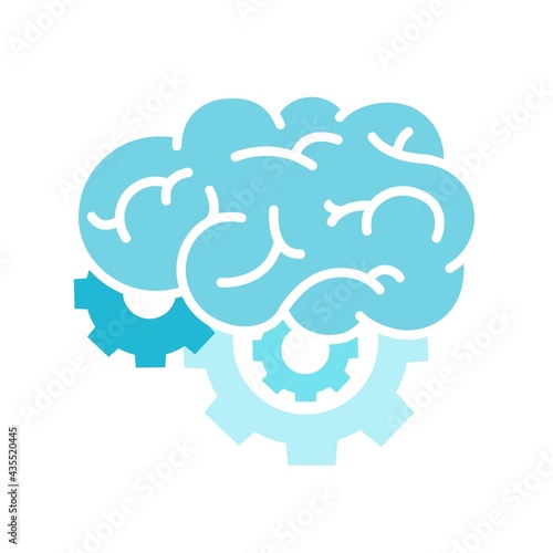 Colorful human brain with gears icon in flat style. Creative thinking, education, research, business idea concept. Design for learning, problem solving, trainings, courses. Vector illustration