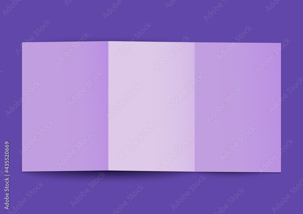 Obraz premium Pusta broszura. Ulotka składana akordeonowa. Mock up w jasnym fioletowym kolorze na ciemniejszym tle.