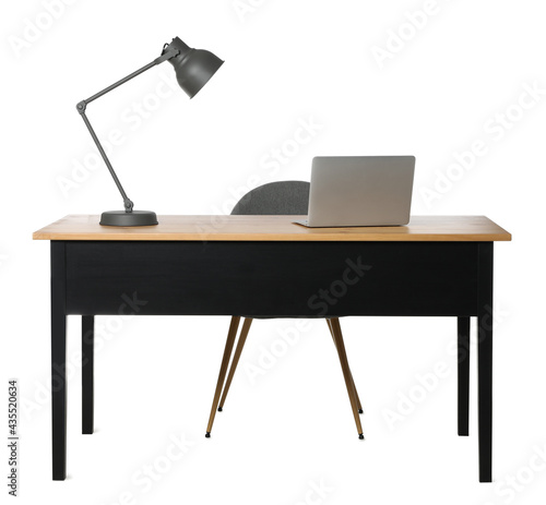 Slika na platnu Stylish workplace with wooden desk and comfortable chair on white background