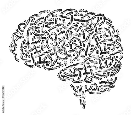 Side view brain consist of binary codes. Black and white vector illustration