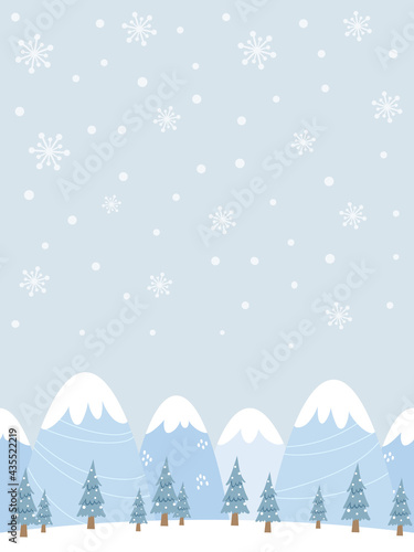 Seamless winter background design with snowcapped mountains, falling snow, and trees. Cartoon style winter landscape illustration. For poster, web banner, greeting cards, etc.