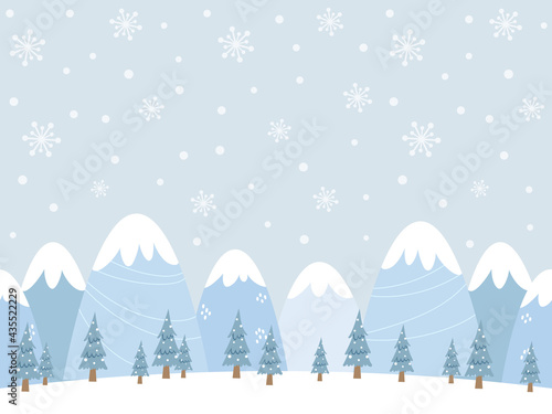 Seamless winter background design with snowcapped mountains, falling snow, and trees. Cartoon style winter landscape illustration. For poster, web banner, greeting cards, etc.