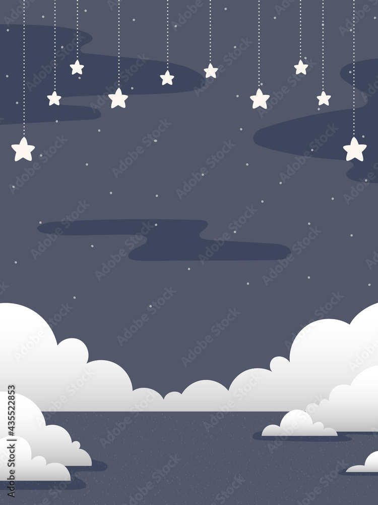 Simple night sky background illustration with hanging stars and clouds floating on the sea. For poster, web banner, cover, greeting cards, etc. Simple night sky background illustration with hanging stars and clouds floating on the sea. For poster, web banner, cover, greeting cards, etc.