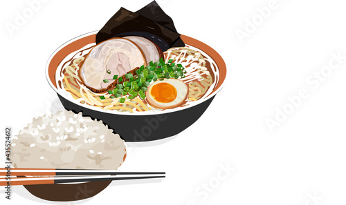 Pork ramen with boiled egg and seaweed. Isolated bowl of pork ramen and rice bowl with chopsticks on white background. Close up drawing vector illustration. Anime asian food. 