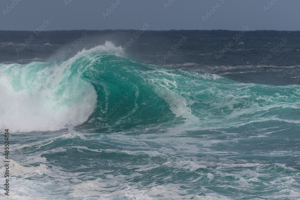 Fototapeta premium An angry turquoise green colour massive rip curl of a wave as it barrels rolls along the ocean. The white mist and froth from the wave are foamy and fluffy. The ocean in the background is deep blue. 