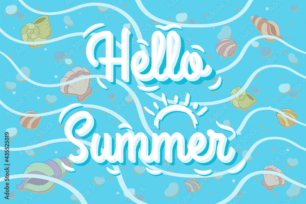 Hello Summer cute colorful drawing shells on the beach