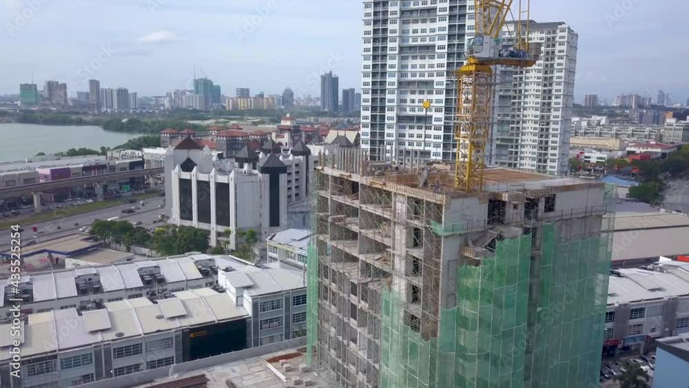 Drone point of view Construction Site with Construction Crane Drone point of view Construction Site with Construction Crane