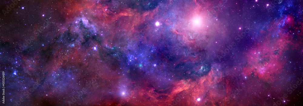 Cosmic background with red nebula and stars.Giant luminous nebula