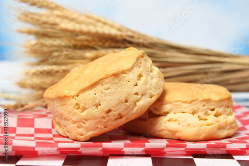 Honey and Wheat Biscuits Close up With Dried Laveder in Background photo