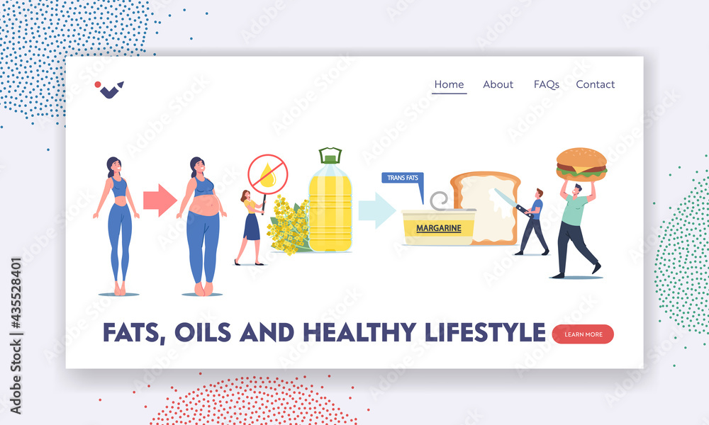 Fats, Oils and Healthy Lifestyle Landing Page Template. Tiny Characters Eating Trans Margarine, Fastfood, Rapeseed Oil Fats, Oils and Healthy Lifestyle Landing Page Template. Tiny Characters Eating Trans Margarine, Fastfood, Rapeseed Oil