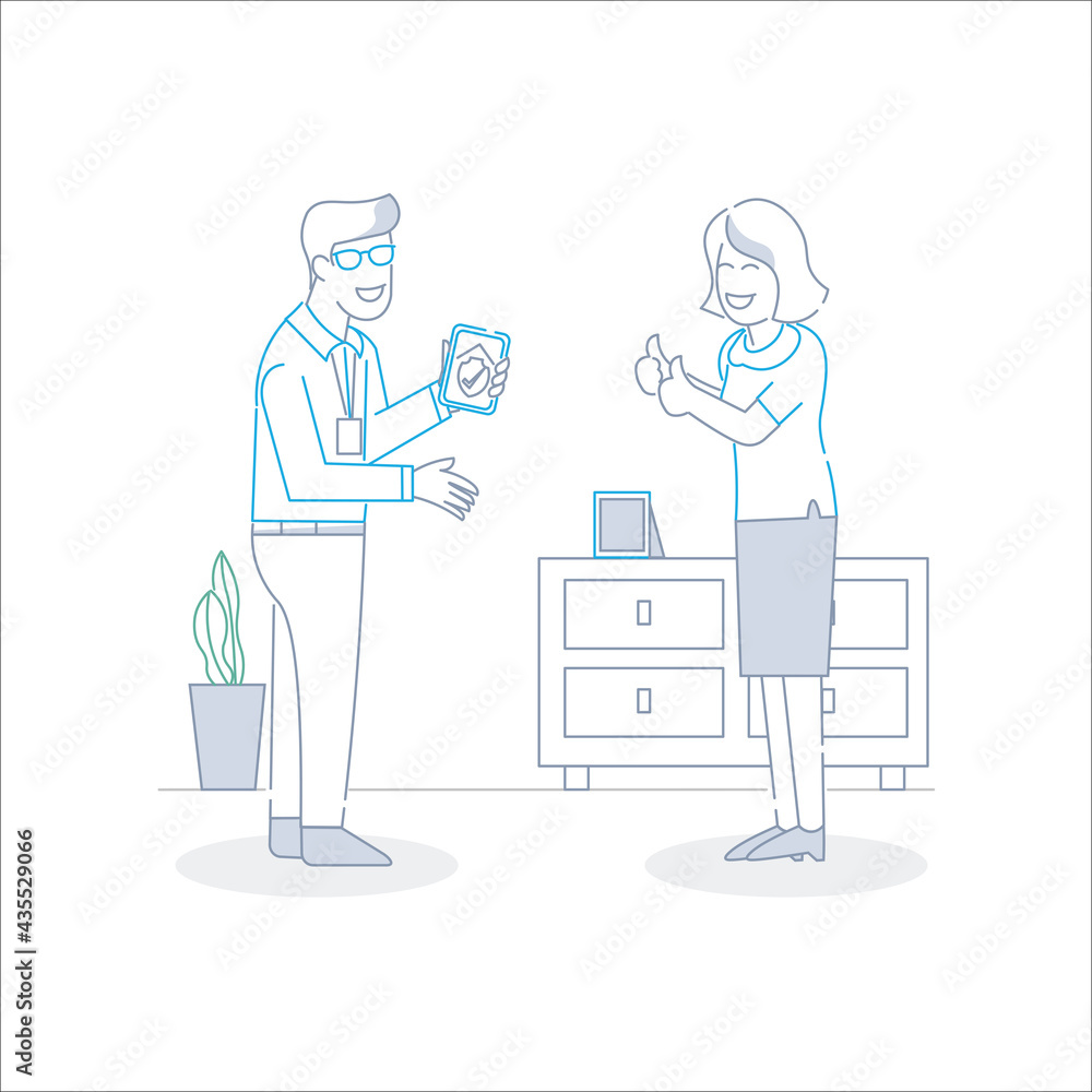 a home service salesman selling to a homeowner in line draw style icon a home service salesman selling to a homeowner in line draw style icon