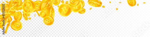 Bitcoin, internet currency coins falling. Bizarre scattered BTC coins. Cryptocurrency, digital money. Fabulous jackpot, wealth or success concept. Vector illustration.