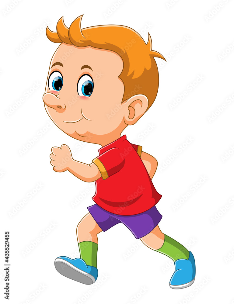 The boy is running with the bright shirt in the day The boy is running with the bright shirt in the day
