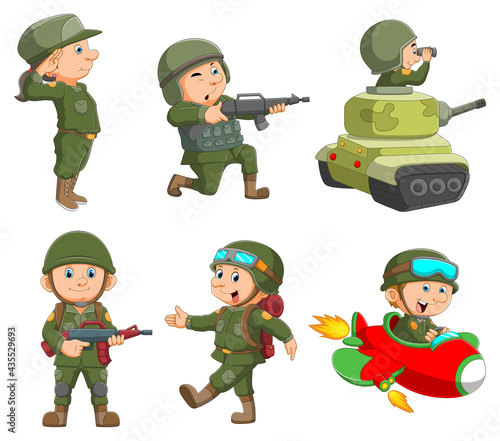 The collection of the soldier man with the costume and holding the gun
