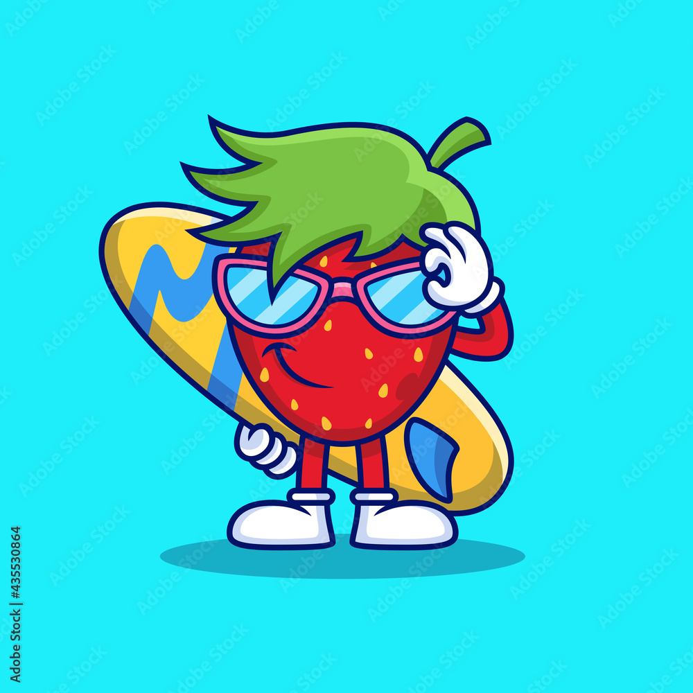 Cool Strawberry bring Surfboard Cartoon. Fruit Vector Icon Illustration, Isolated on Premium Vector