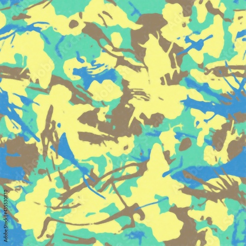 Grunge camouflage pattern  blue and yellow monochrome. Urban fashion clothing style masking camo print. Pastel colors texture. Design element. Raster copy illustration  