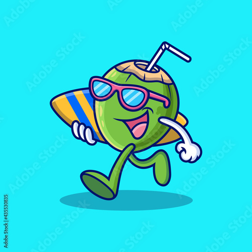 Coconut bring Surfboard Cartoon. Food Vector Icon Illustration, Isolated on Premium Vector