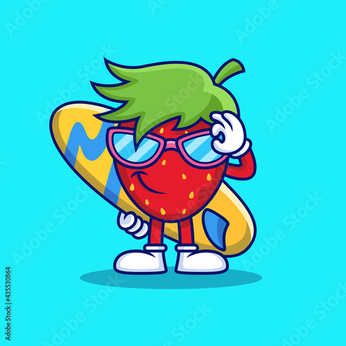 Cool Strawberry bring Surfboard Cartoon. Fruit Vector Icon Illustration, Isolated on Premium Vector