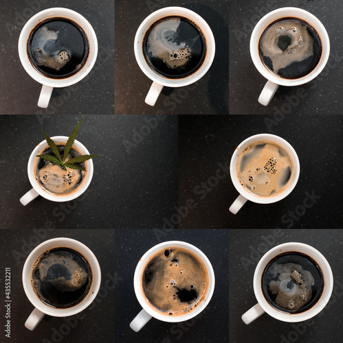 closeup black coffee cup. top view set