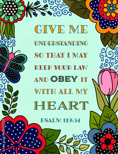 Bible Verse from the Book of Psalm with a Floral Border with Butterflies