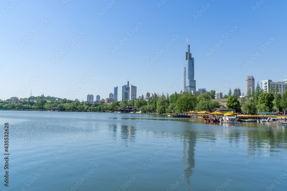 Fototapeta premium Gardening and retro architecture in Xuanwu Lake Park, Nanjing, Jiangsu, China