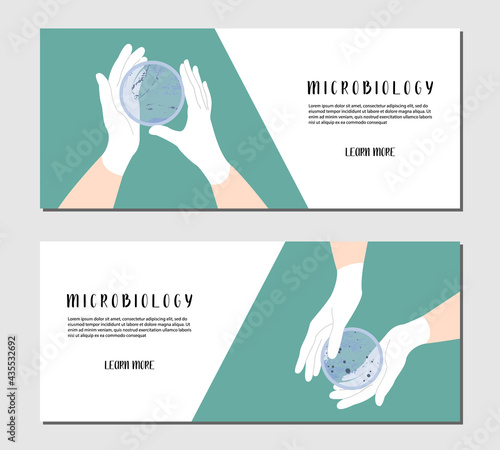 Scientist's hand in glove holding Petri dish, plate with agar, bacterial colony. Bacteriology. Microbiology. Laboratory test, bacteriological swab, chemical analysis. Vector flat cartoon illustration