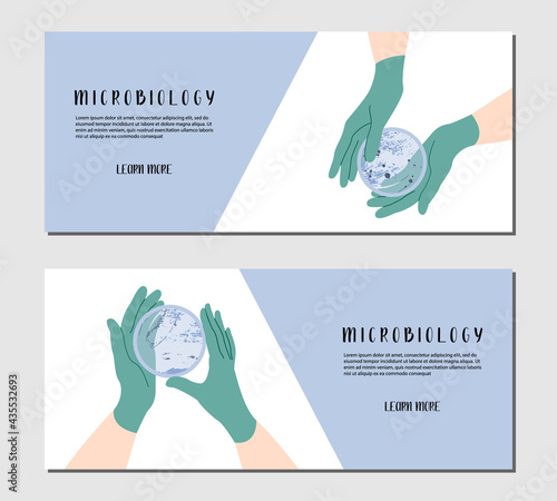 Scientist's hand in glove holding Petri dish, plate with agar, bacterial colony. Bacteriology. Microbiology. Laboratory test, bacteriological swab, chemical analysis. Vector flat cartoon illustration