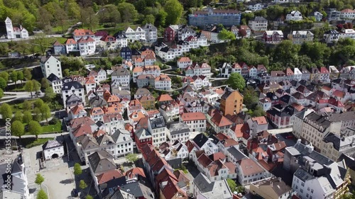 Expensive neighborhood area Floyfjellet in Bergen city center - Reverse aerial Norway photo