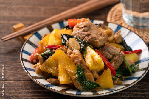 Stir-fried Taiwanese Three Cup Chicken with pineapple.