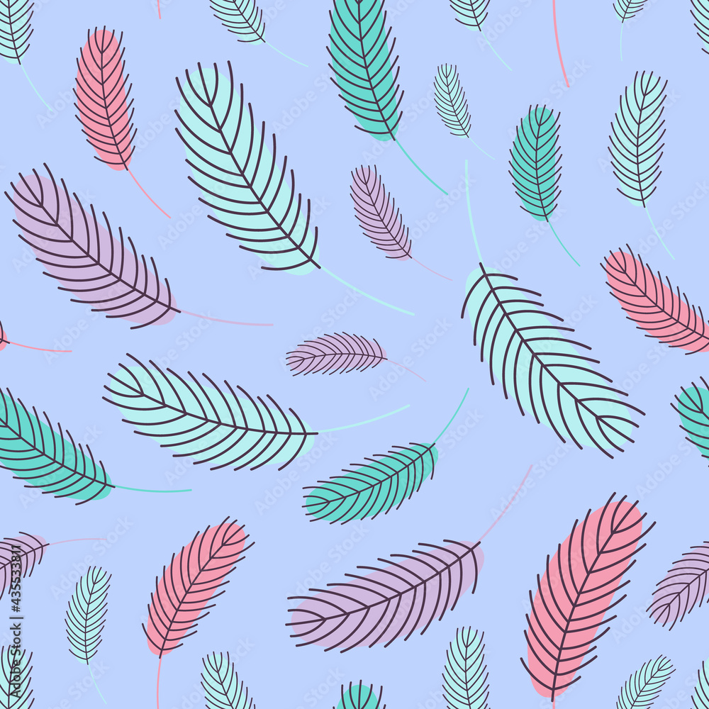 Fototapeta premium Feathers seamless pattern. Boho pattern with chicken feathers. Vector illustration. Design for textiles, packaging, wrappers, greeting cards, paper, printing.