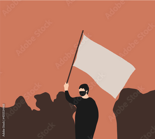 Group of young men and women holding blank signs in, banners flags protesting Demonstration, revolution, protest. People Cheering on the meeting. Crowd with banners. Vector illustration