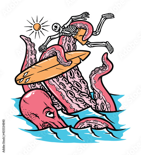 Octopus attacks surfers vector illustration