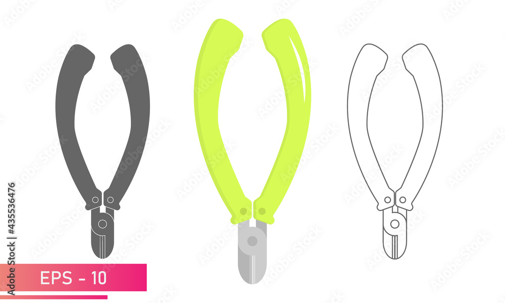 Fototapeta premium Set, Wire cutters. Linear, solid and realistic design. On a white background. Tools for workers. Flat vector illustration.