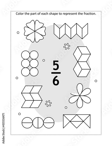 Math educational coloring page with a fraction and various shapes: Color the part of each shape to represent the fraction. Five-sixths. Winter theme.
