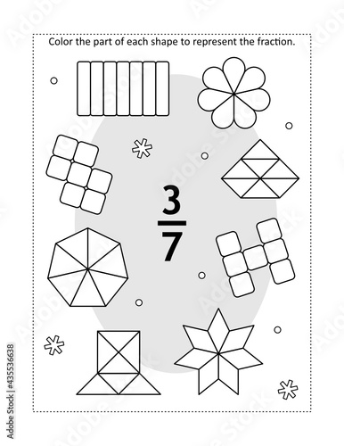 Math educational coloring page with a fraction and various shapes: Color the part of each shape to represent the fraction.Three-sevenths. Winter theme.
