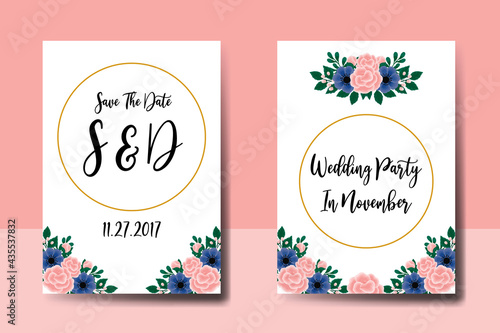 Wedding invitation frame set, floral watercolor hand drawn Rose With anemone Flower design Invitation Card Template © Vectorcome