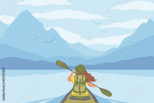 Woman with a backpack swimming in canoe or kayak among the mountains. Tourist in water trip. Wild and water fun on summer. Vector illustration in a flat style