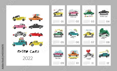 Wall vertical calendar for 2022, the week starts on Sunday. Template A4 format calendar set of month with retro cars, road, rainbow isolated on white. Children room decor. Cartoon vector illustration.