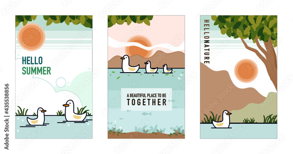 Cute duck and ducklings swim in the river with sunset. Vector illustrations set for poster and card.
