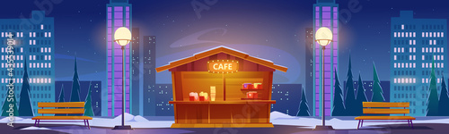 Street fastfood cafe at winter night cityscape background with skyscrapers. Outdoor cafeteria wooden stall on sidewalk with lamps and benches. Fast food shop in town park, Cartoon vector illustration