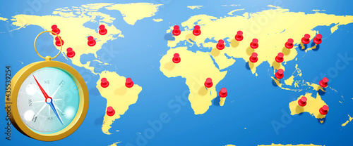 3d rendering  compass on world map and many red pin. 3d illustration.