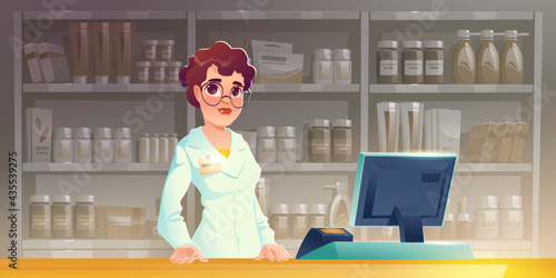 Pharmacist woman at pharmacy counter. Drugstore interior with medical products on shelves. Apothecary female character with serious face wear white lab coat and glasses, Cartoon vector illustration