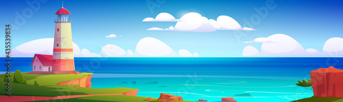 Lighthouse on sea coast. Summer landscape of ocean beach with beacon and building on cliff. Vector cartoon illustration of seascape with nautical navigation tower. Ocean shore with light house