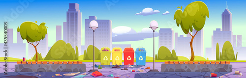 Dirty city park with trash bins for separate and recycle garbage, wooden benches and town buildings on skyline. Vector cartoon landscape of public garden with litter and containers for sorting waste