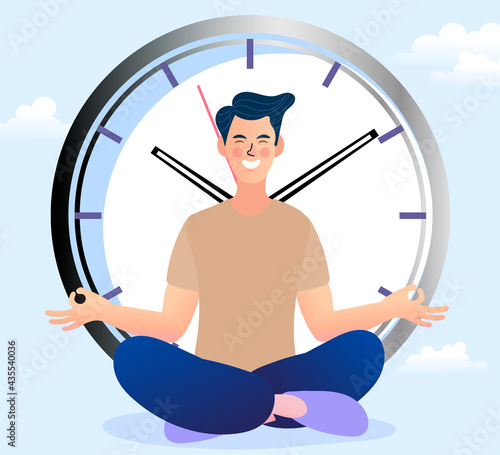 A man sitting relaxed and a big watch on the back. Concept time management. effective planning for productive work, deadline. vector illustration.