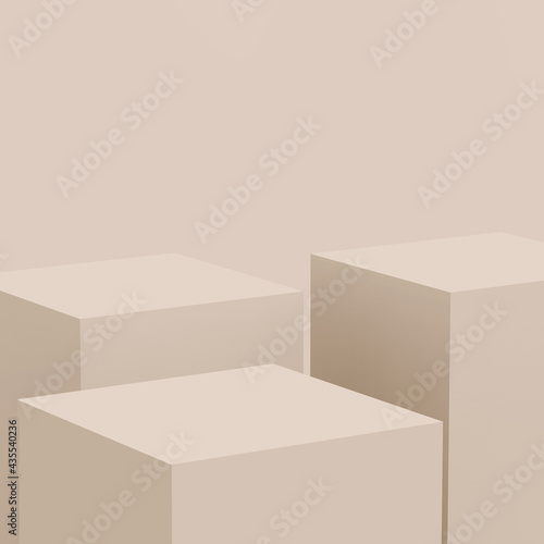 3d brown creamy cube and box podium minimal scene studio background. Abstract 3d geometric shape object illustration render. Natural color tones.