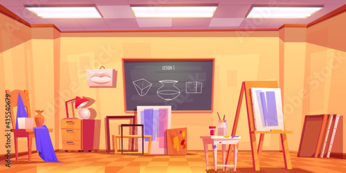 Art classroom, empty artist studio interior with blackboard and stuff canvas on easel, paint brushes, wooden stool, composition of plaster shapes and frames for pictures, Cartoon vector illustration