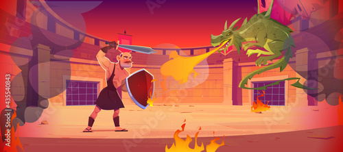 Ancient warrior fights against dragon on arena. Fighting amphitheater with gladiator with sword and shield and flying fire breathing magic beast. Vector cartoon fantasy illustration