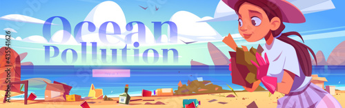 Ocean pollution cartoon web banner, woman clean up beach. Girl at sea shore polluted with plastic garbage and different kinds of trash and wastes around, save nature eco concept, vector illustration