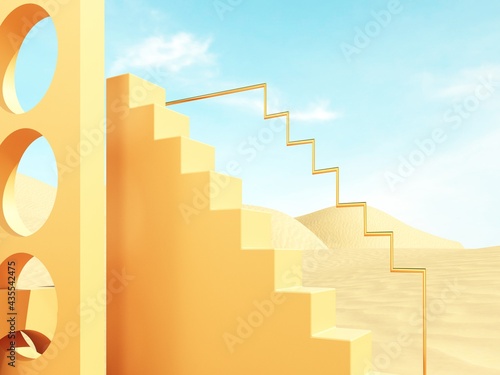 Abstract, architectural structure with arches and flying golden balls on sandy beach and sky background - 3D render with copy space. Modern minimal abstract illustration for advertising products. 